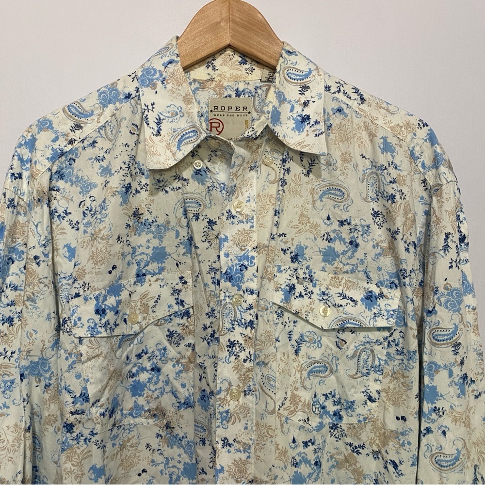 Roper Western Button Shirt L | Blue Paisley Cowboy Rodeo Top Office Cotton - Picture 2 of 7